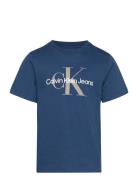 Ck Monogram Ss T-Shirt Tops T-Kortærmet Skjorte Blue Calvin Klein